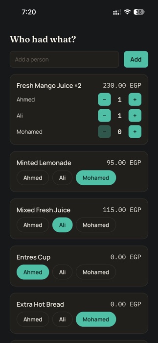 Assigning items to Ahmed, Ali, and Mohamed, with a live running total per person