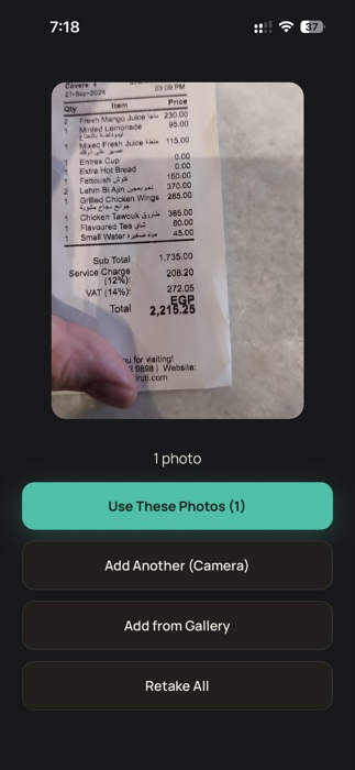 Photographing a real restaurant receipt