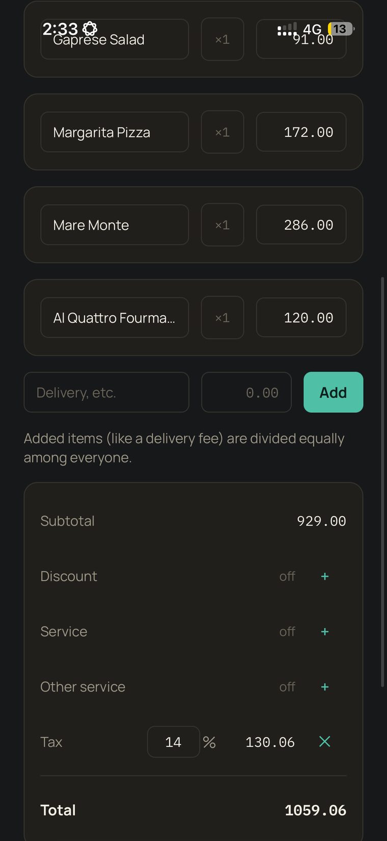 The items ehsebly read, with subtotal, 14% tax and total, every figure editable