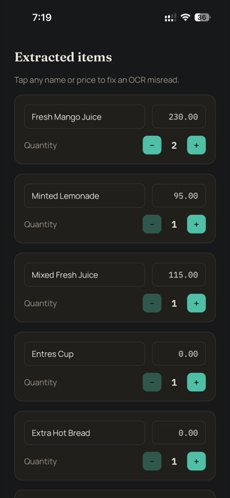 ehsebly's extracted items list, editable if anything was misread