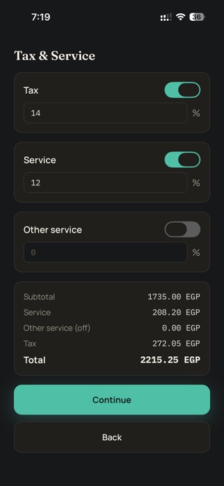 Tax and service confirmation screen showing the compounded total